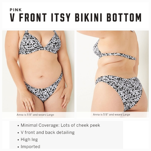 Victoria's secret pink v front itsy bikini swim bottom BLACK WHITE FLORAL LARGE - Picture 1 of 8